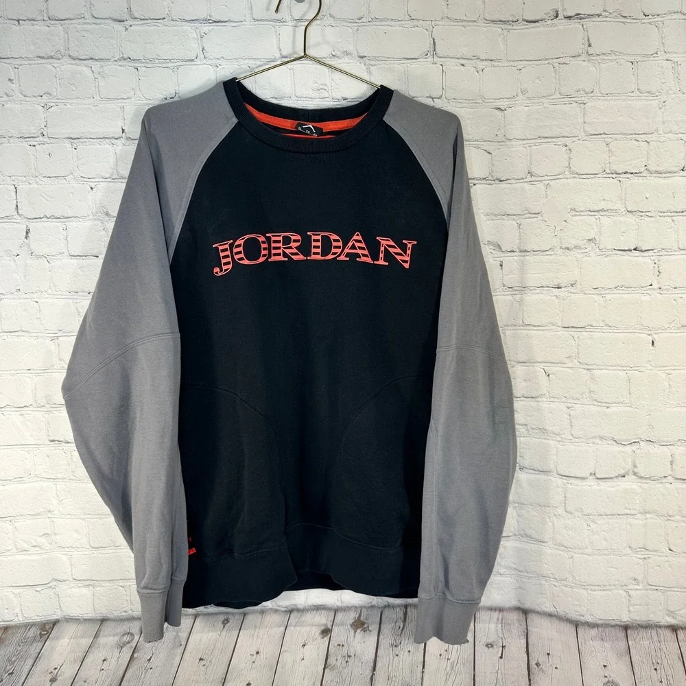 Vintage Jordan Mens XL Raglan Sweatshirt Black Grey Graphic Pullover Pocket